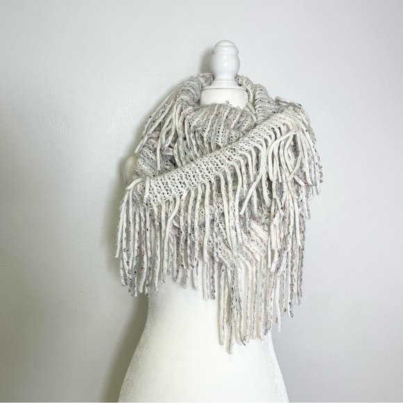 Infinity Scarf Stripes Beige Knited Fringe Bohemian Oversized Wrap - Picture 4 of 14
